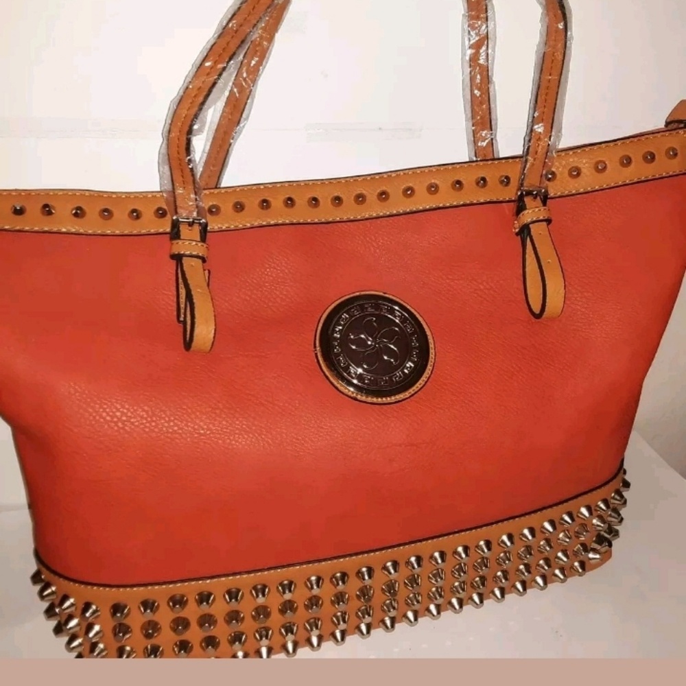 Womens Orange Vegan Large Luxury Leather Handbag w